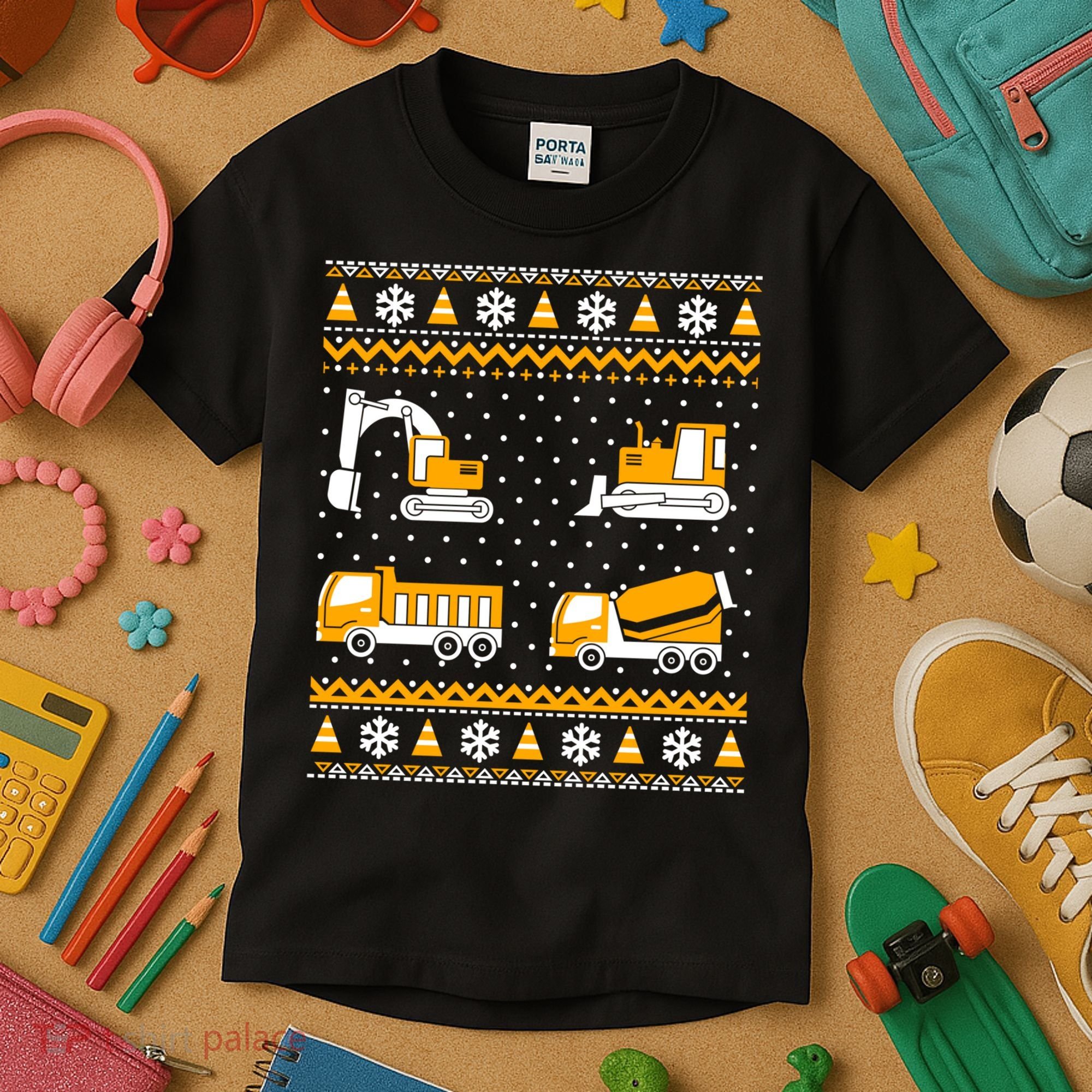 Construction Dump Trucks Bulldozer Ugly Christmas Sweater Kids T-Shirt