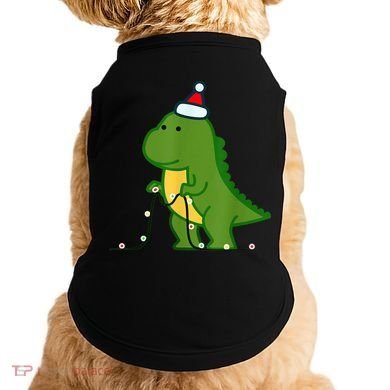 Christmas Dinosaur Tree Rex Putting Up String Lights Vintage Doggie Tank