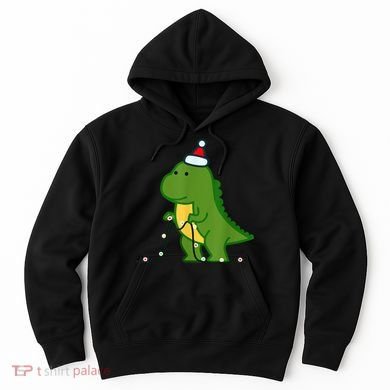 Christmas Dinosaur Tree Rex Putting Up String Lights Vintage Hoodie