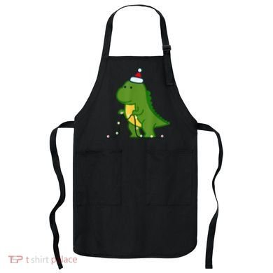 Christmas Dinosaur Tree Rex Putting Up String Lights Vintage Apron