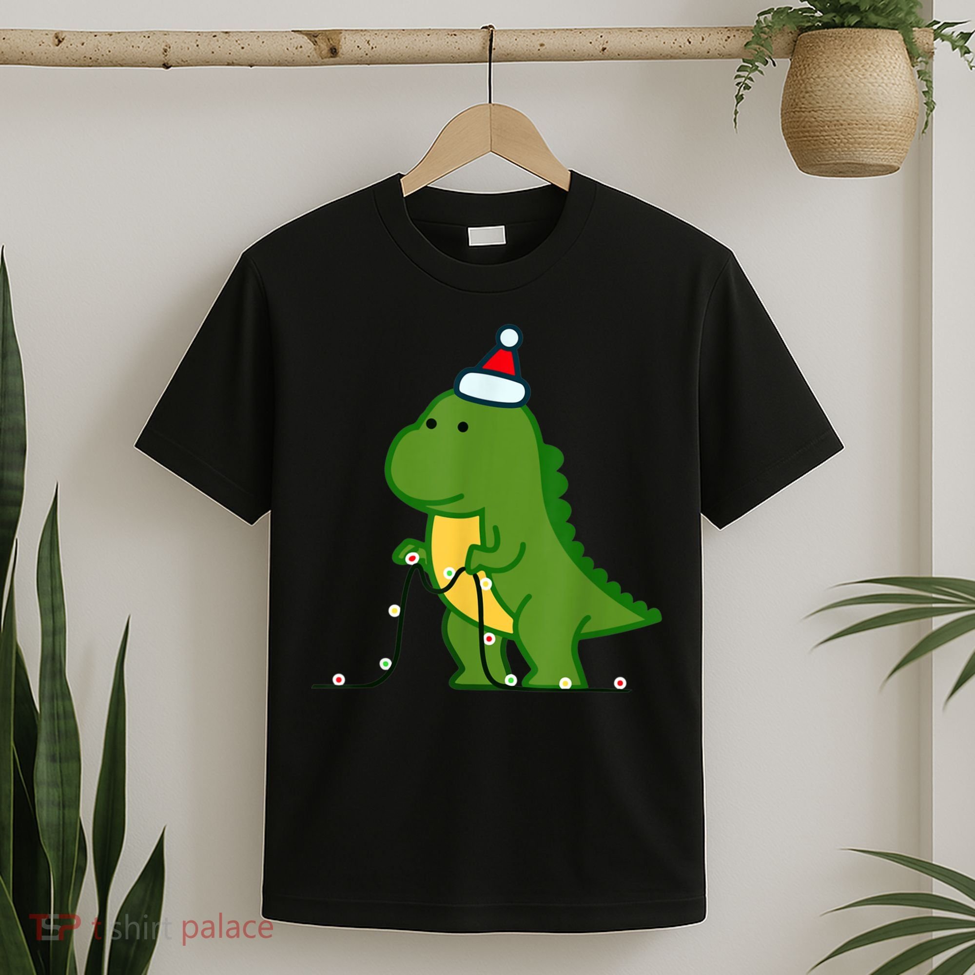 Christmas Dinosaur Tree Rex Putting Up String Lights Vintage T-Shirt