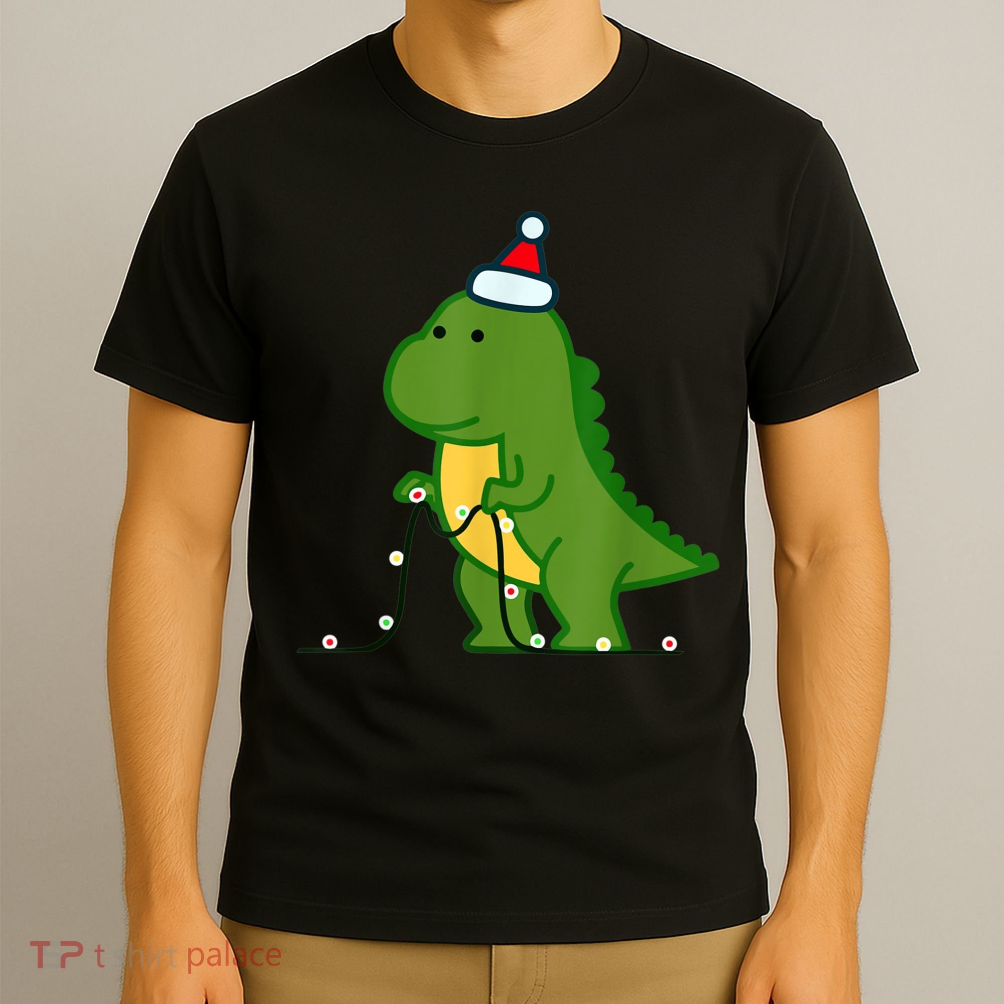 Christmas Dinosaur Tree Rex Putting Up String Lights Vintage T-Shirt