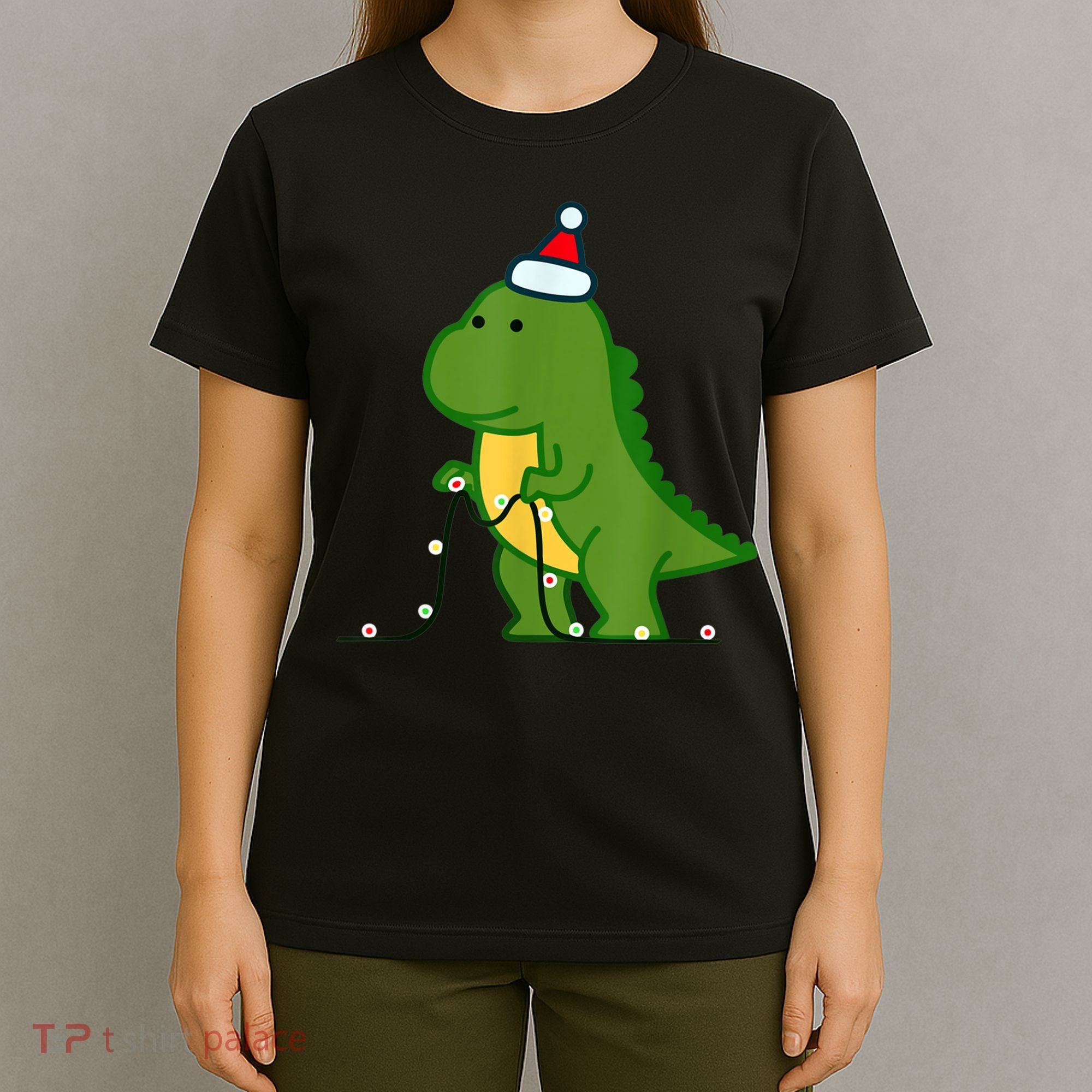 Christmas Dinosaur Tree Rex Putting Up String Lights Vintage T-Shirt