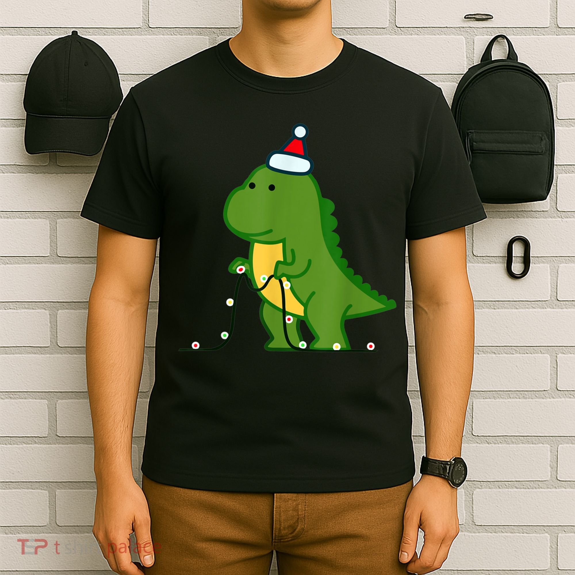 Christmas Dinosaur Tree Rex Putting Up String Lights Vintage T-Shirt