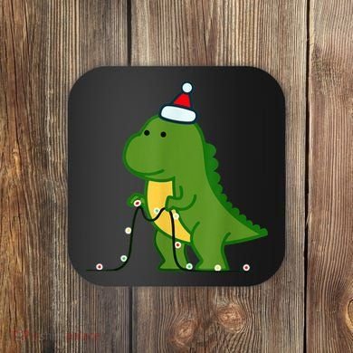 Christmas Dinosaur Tree Rex Putting Up String Lights Vintage Coaster