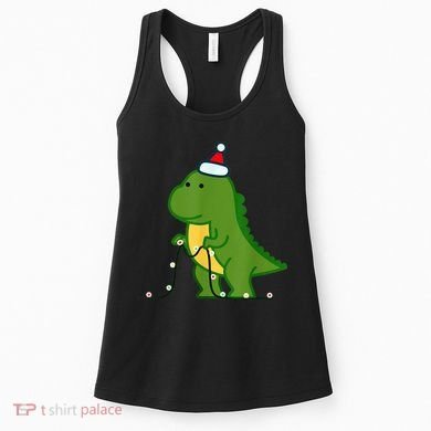 Christmas Dinosaur Tree Rex Putting Up String Lights Vintage Women's Tank Top
