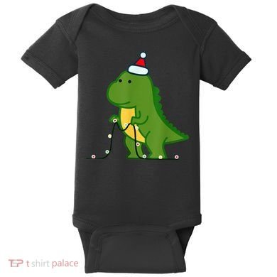 Christmas Dinosaur Tree Rex Putting Up String Lights Vintage Baby Bodysuit