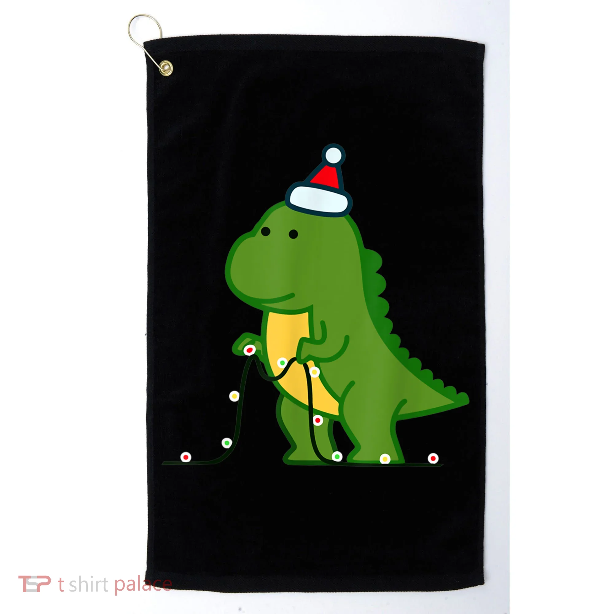 Christmas Dinosaur Tree Rex Putting Up String Lights Vintage Golf Towel