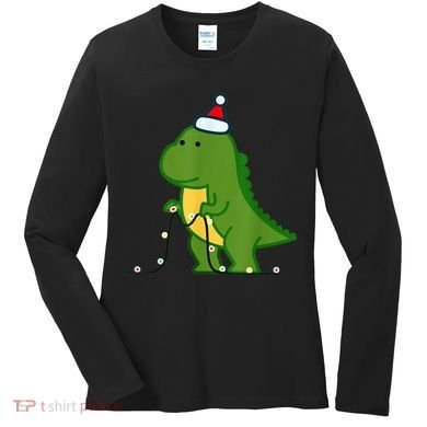 Christmas Dinosaur Tree Rex Putting Up String Lights Vintage Women's Long Sleeve Shirt