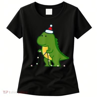 Christmas Dinosaur Tree Rex Putting Up String Lights Vintage Women's T-Shirt