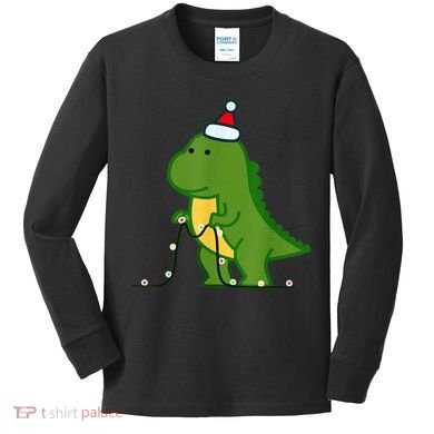 Christmas Dinosaur Tree Rex Putting Up String Lights Vintage Kids Long Sleeve Shirt