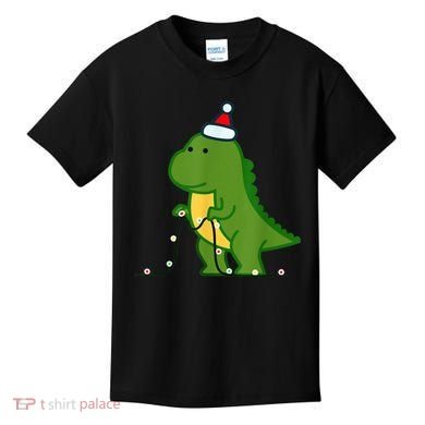 Christmas Dinosaur Tree Rex Putting Up String Lights Vintage Kids T-Shirt