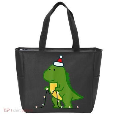 Christmas Dinosaur Tree Rex Putting Up String Lights Vintage Tote Bag