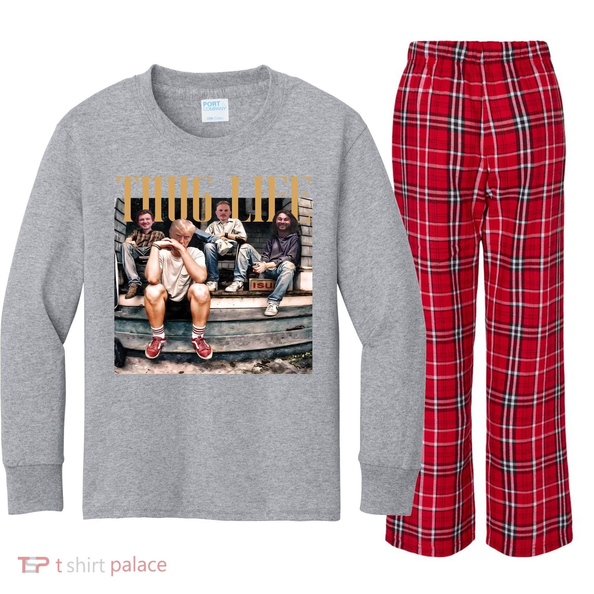 Cool Donald Trump Thug Life Kids Long Sleeve Plaid Pajama Set