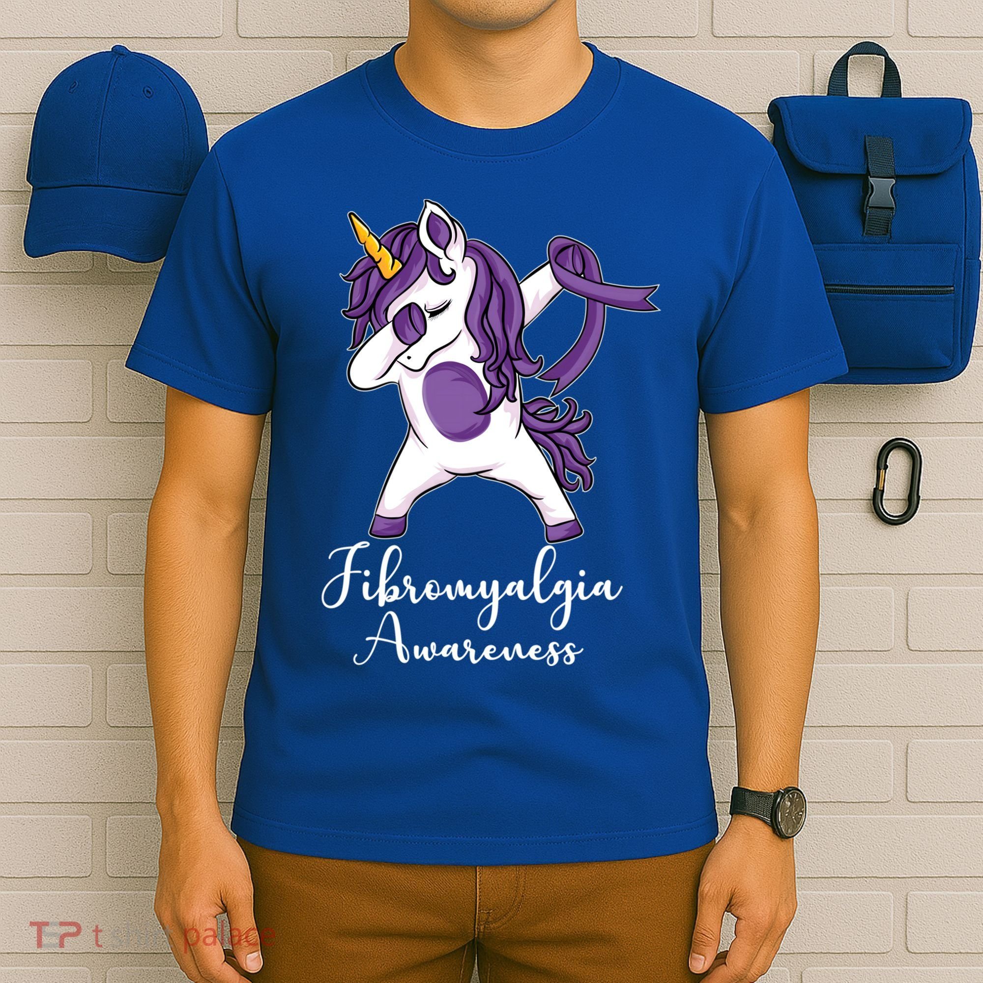 Cute Dabbing Unicorn Purple Ribbon Fibromyalgia Awareness Gift T-Shirt