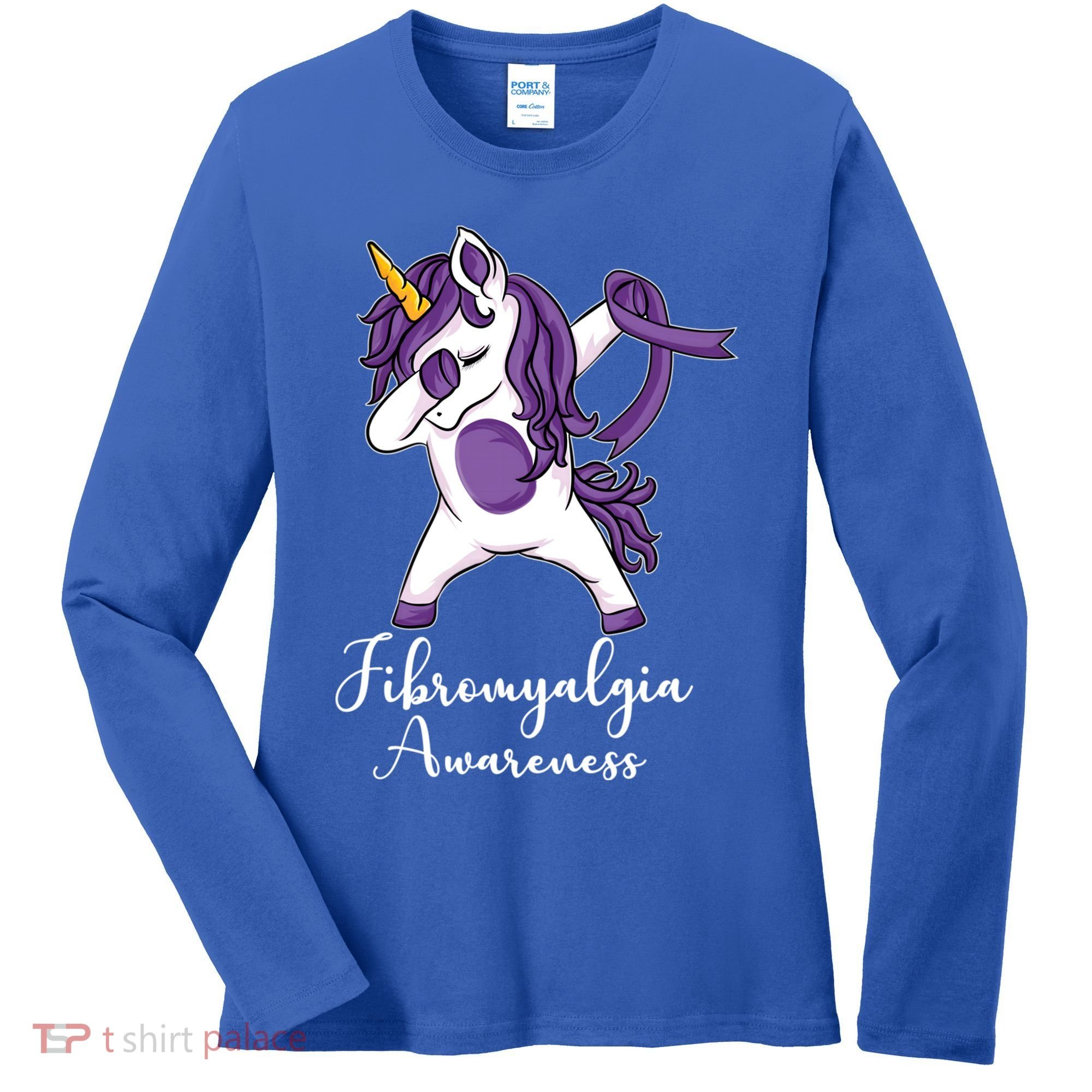 Cute Dabbing Unicorn Purple Ribbon Fibromyalgia Awareness Gift Women's Long Sleeve Shirt