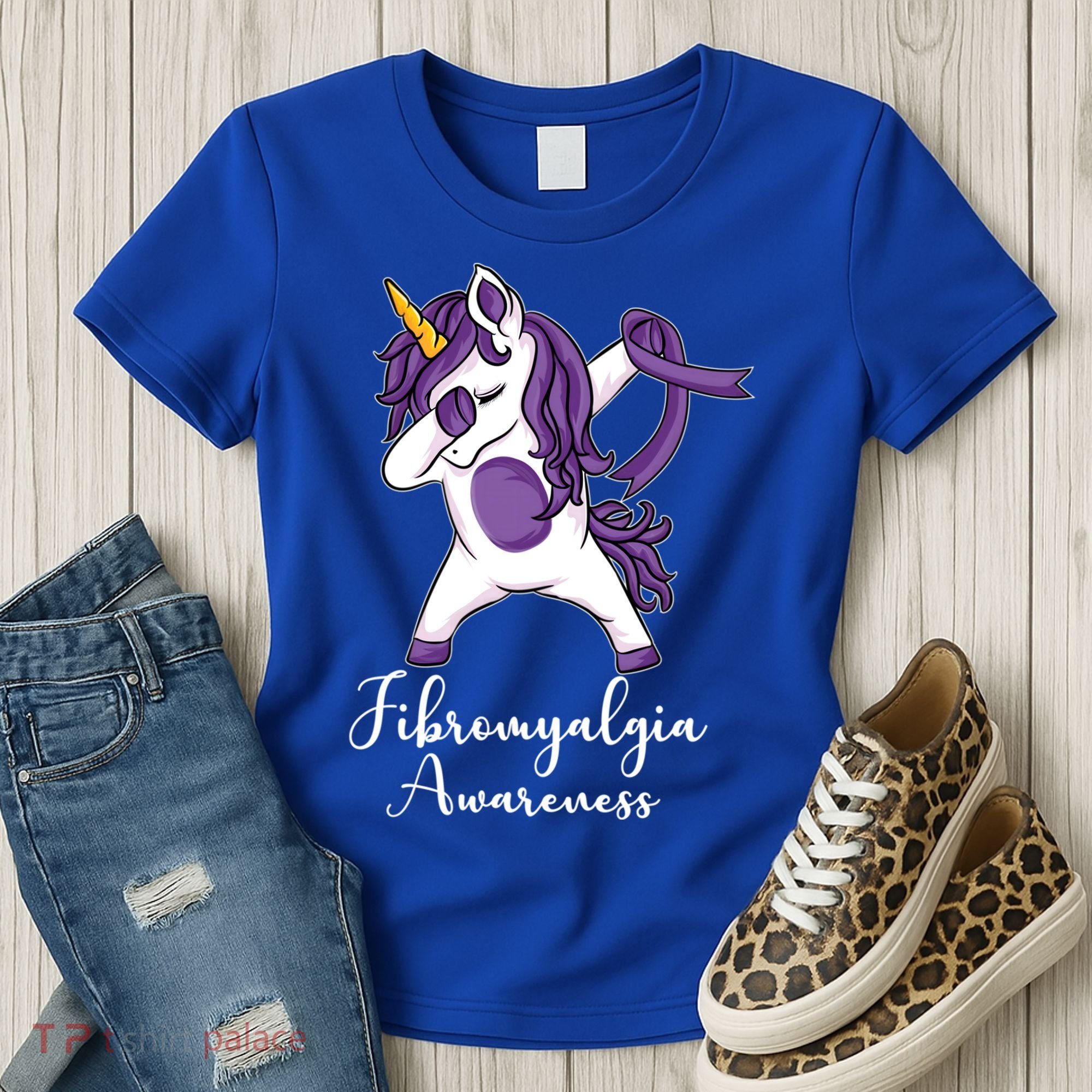 Cute Dabbing Unicorn Purple Ribbon Fibromyalgia Awareness Gift Women's T-Shirt
