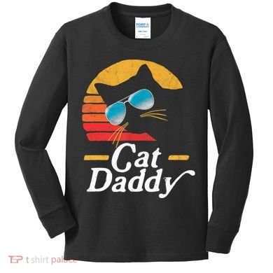 Cat Daddy Vintage 80s Style Cat Retro Sunglasses Distressed TShirt Kids Long Sleeve Shirt