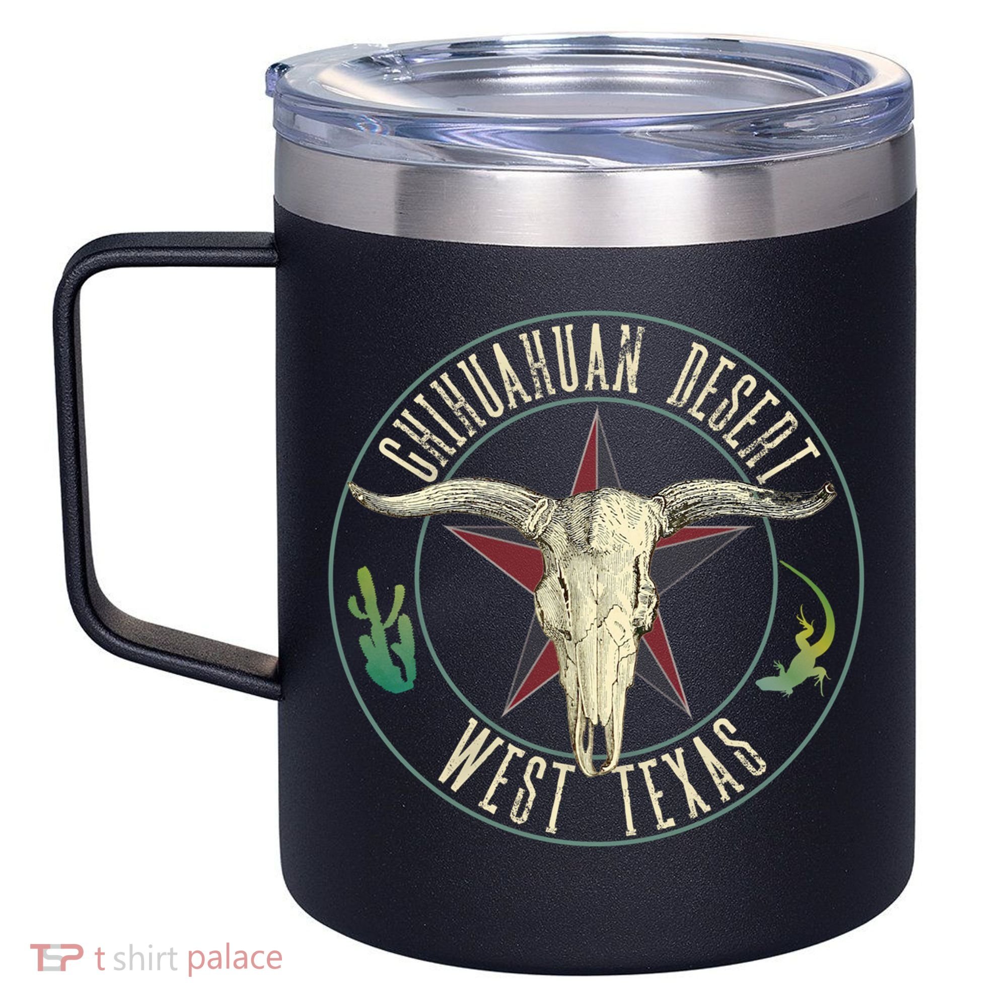 Chihuahuan Desert West Texas Cow Skull Lizard Cactus Star Gift 12oz Stainless Steel Coffee Mug