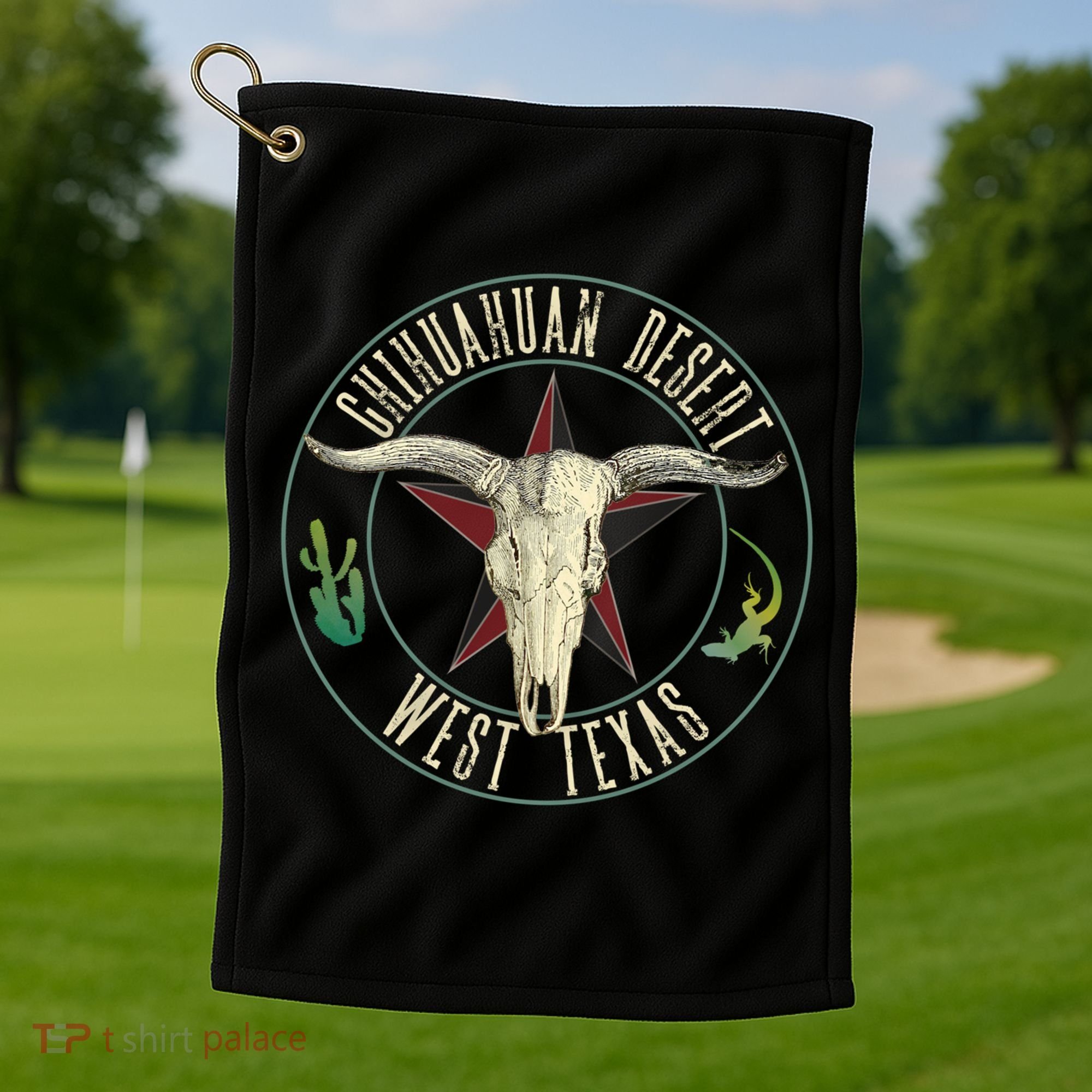 Chihuahuan Desert West Texas Cow Skull Lizard Cactus Star Gift Golf Towel