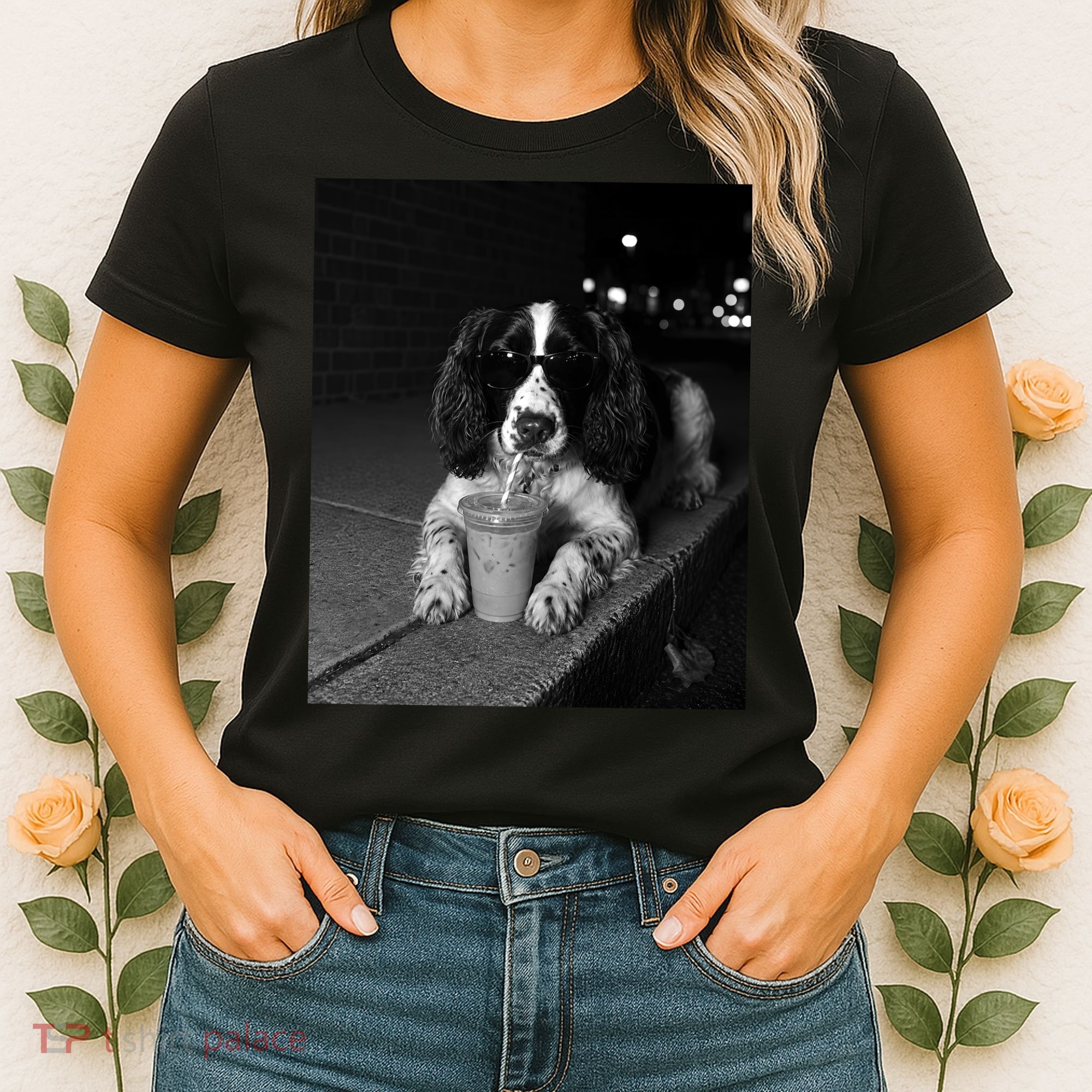Cool Dog with Sunglasses and Iced Coffee Vibes Women's T-Shirt