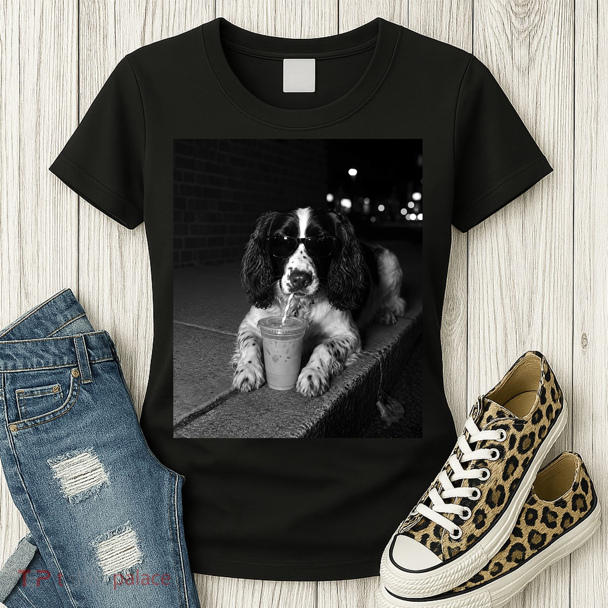 Cool Dog with Sunglasses and Iced Coffee Vibes Women's T-Shirt