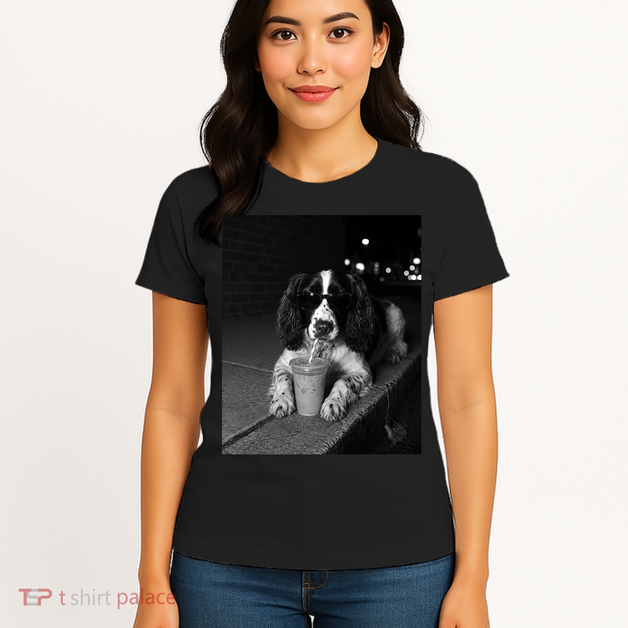 Cool Dog with Sunglasses and Iced Coffee Vibes Women's T-Shirt