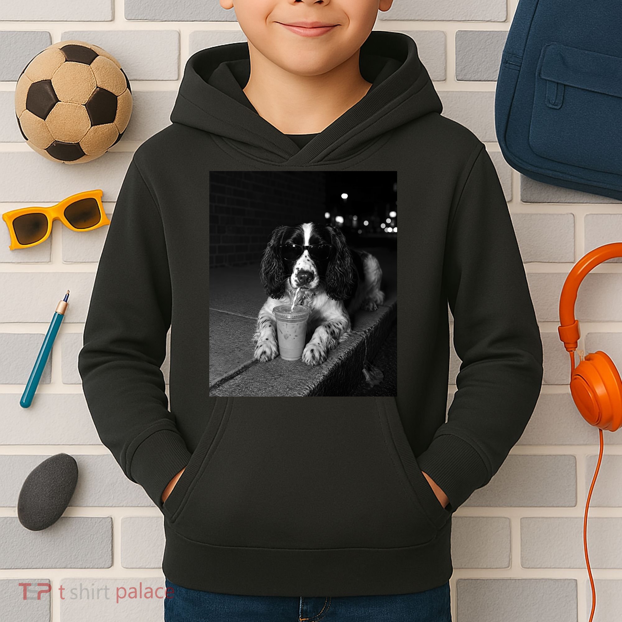 Cool Dog with Sunglasses and Iced Coffee Vibes Kids Hoodie