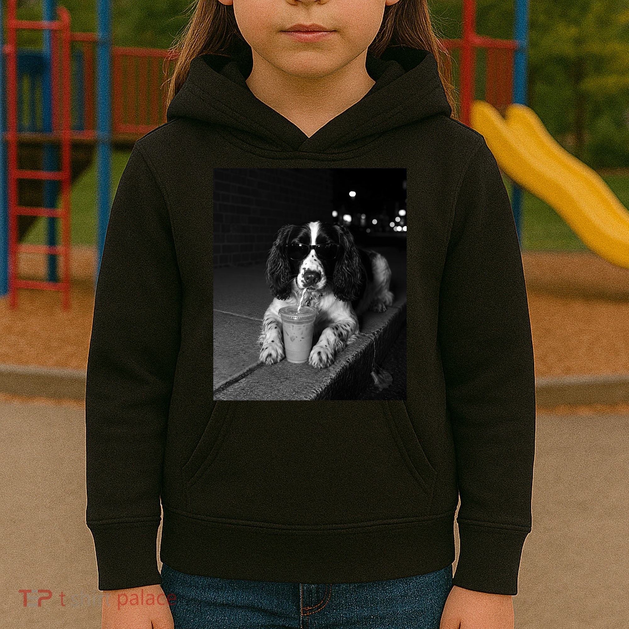Cool Dog with Sunglasses and Iced Coffee Vibes Kids Hoodie