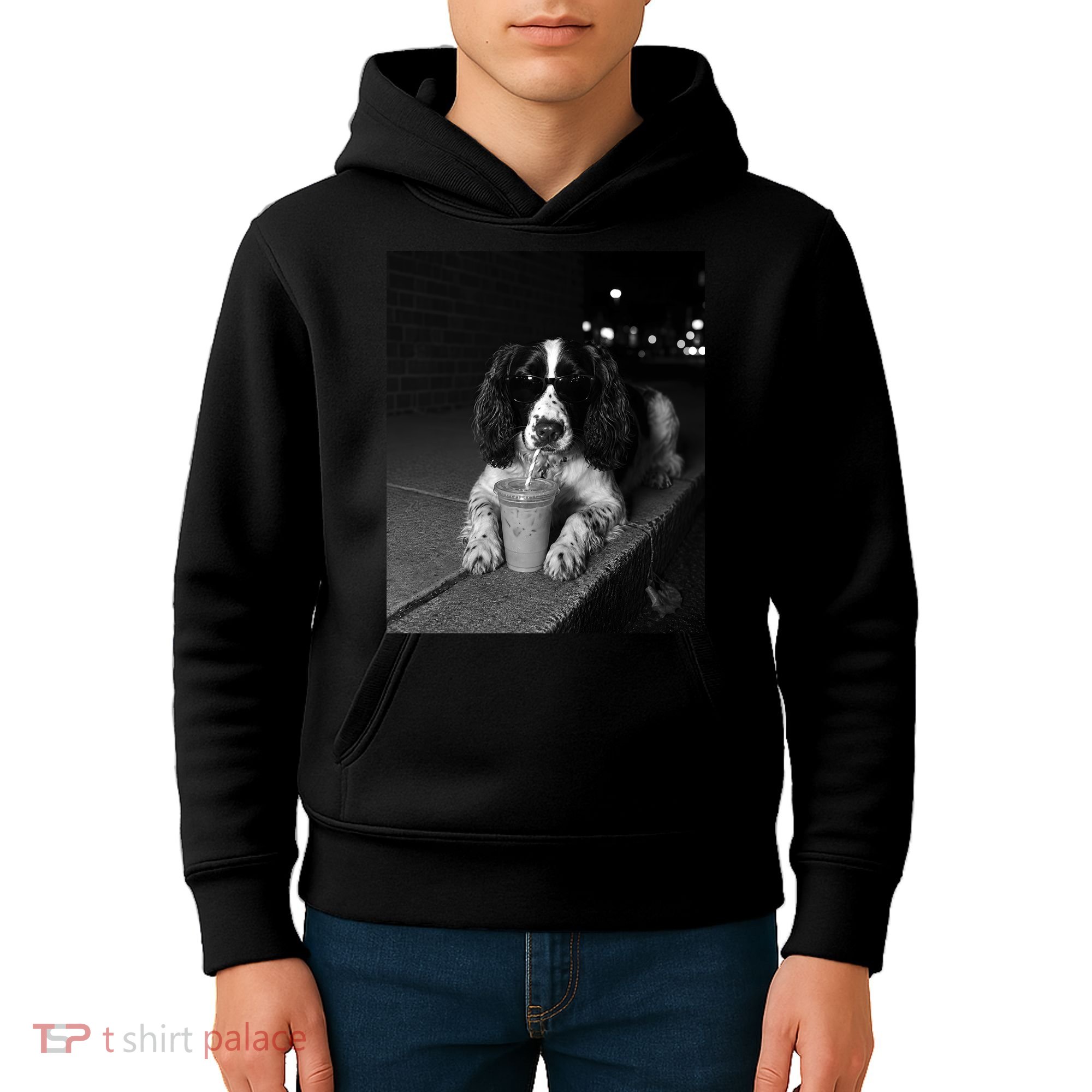Cool Dog with Sunglasses and Iced Coffee Vibes Kids Hoodie