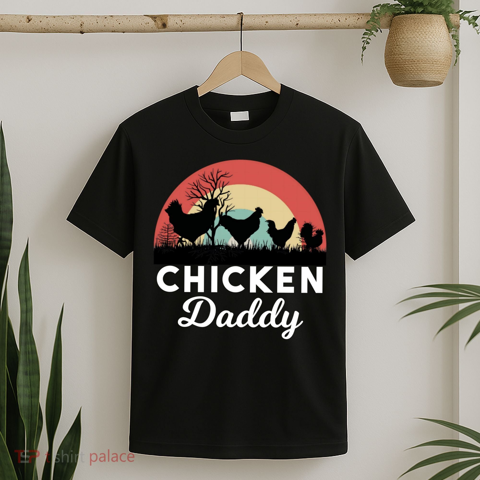 Chicken Daddy With Retro Sunset, Funny Chicken Lover, Farmer T-Shirt