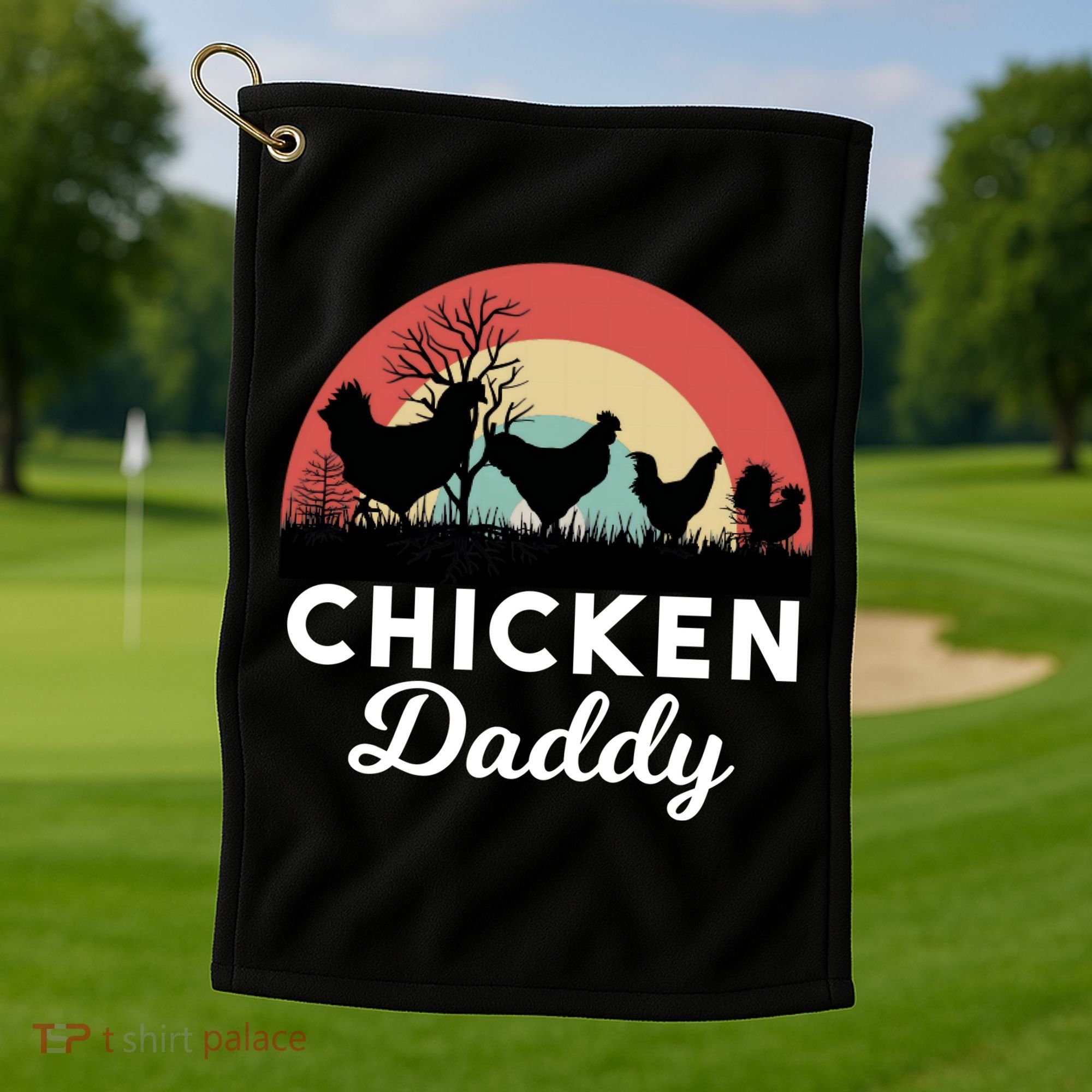 Chicken Daddy With Retro Sunset, Funny Chicken Lover, Farmer Golf Towel