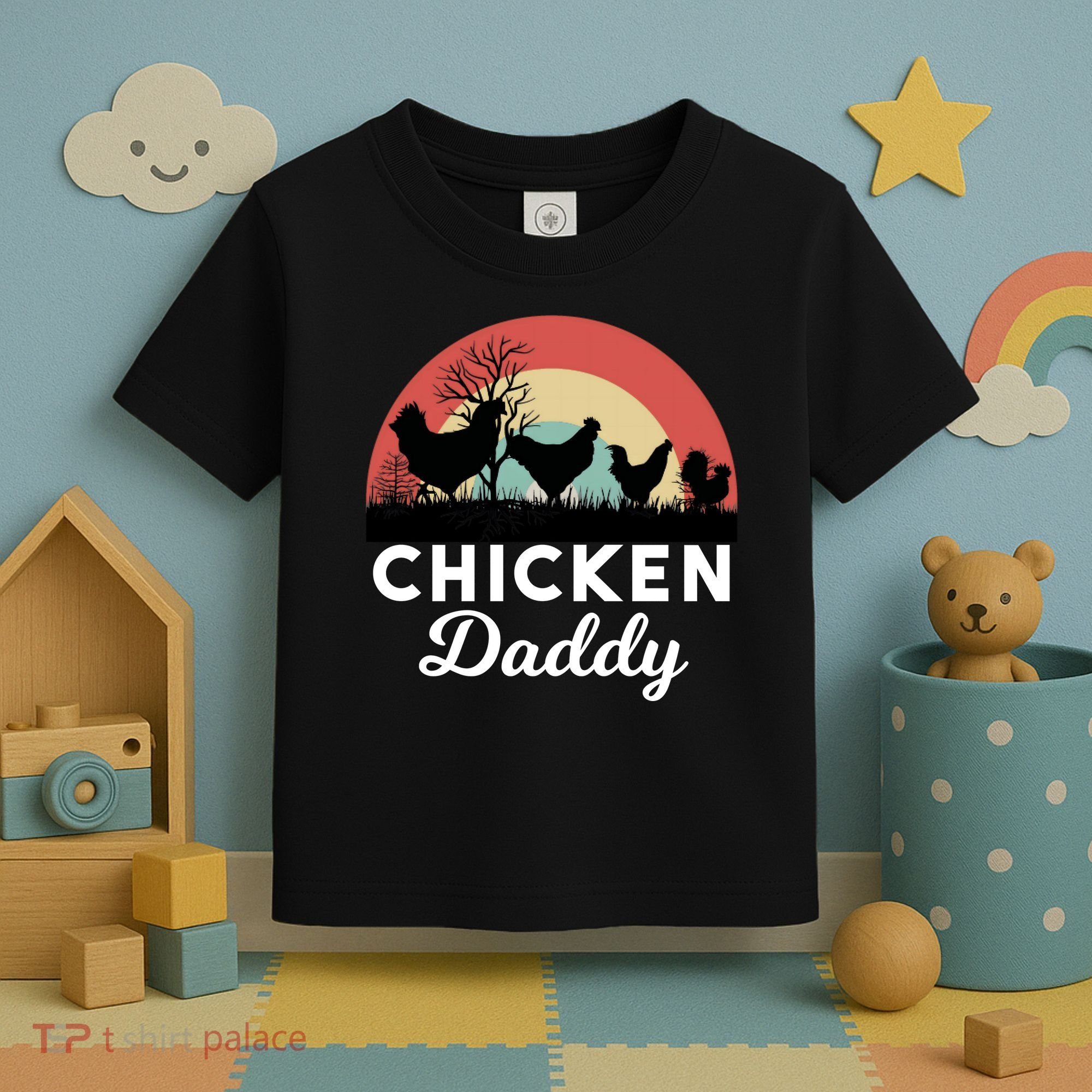 Chicken Daddy With Retro Sunset, Funny Chicken Lover, Farmer Toddler T-Shirt