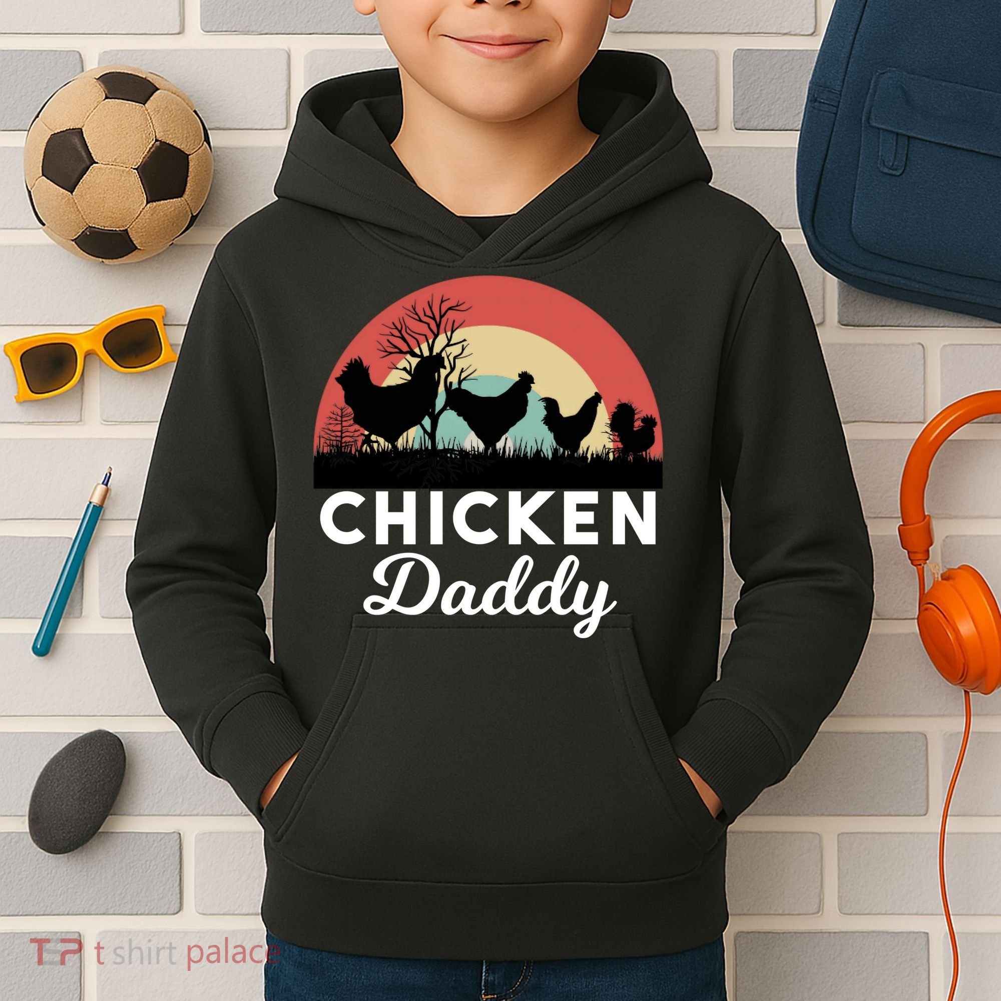 Chicken Daddy With Retro Sunset, Funny Chicken Lover, Farmer Kids Hoodie