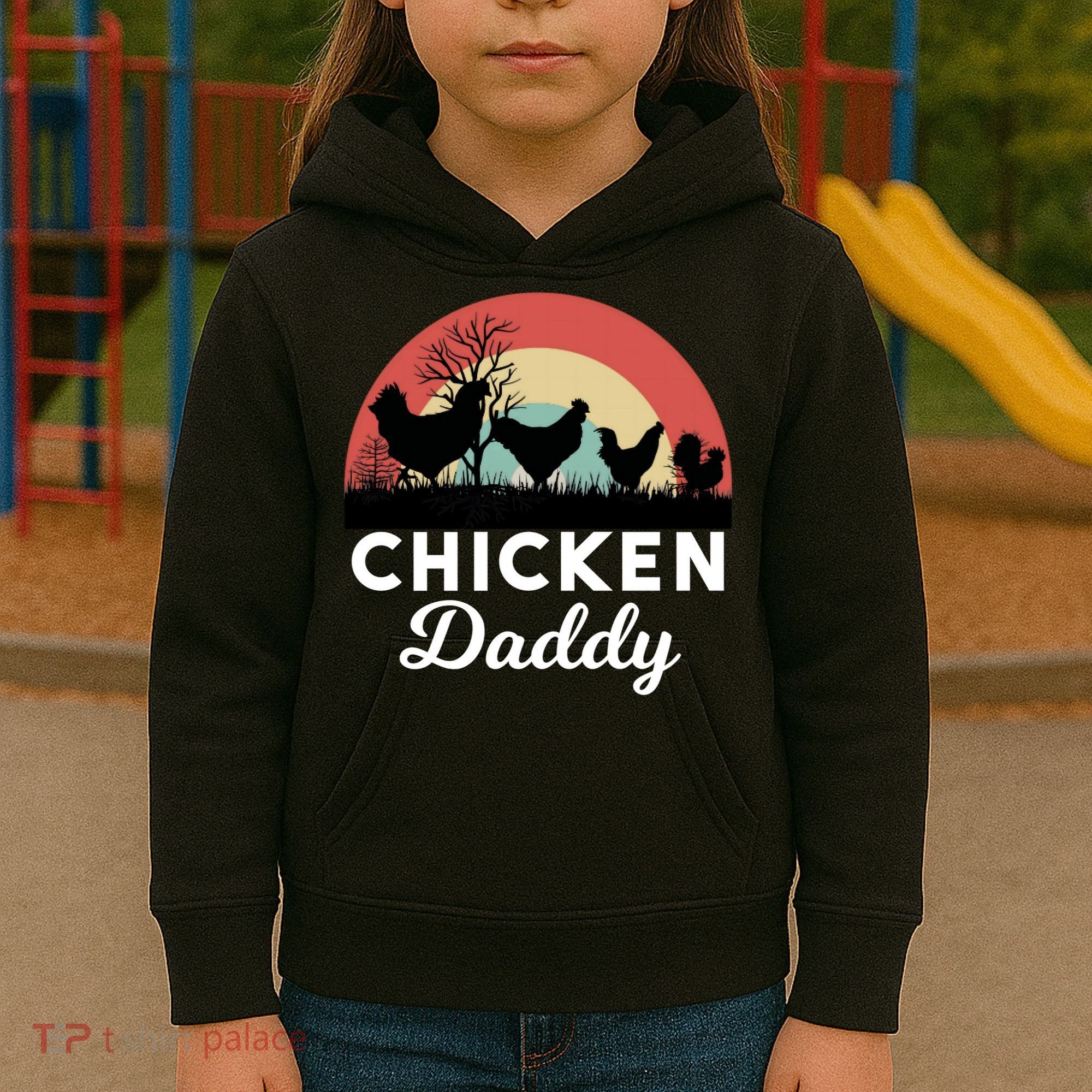 Chicken Daddy With Retro Sunset, Funny Chicken Lover, Farmer Kids Hoodie