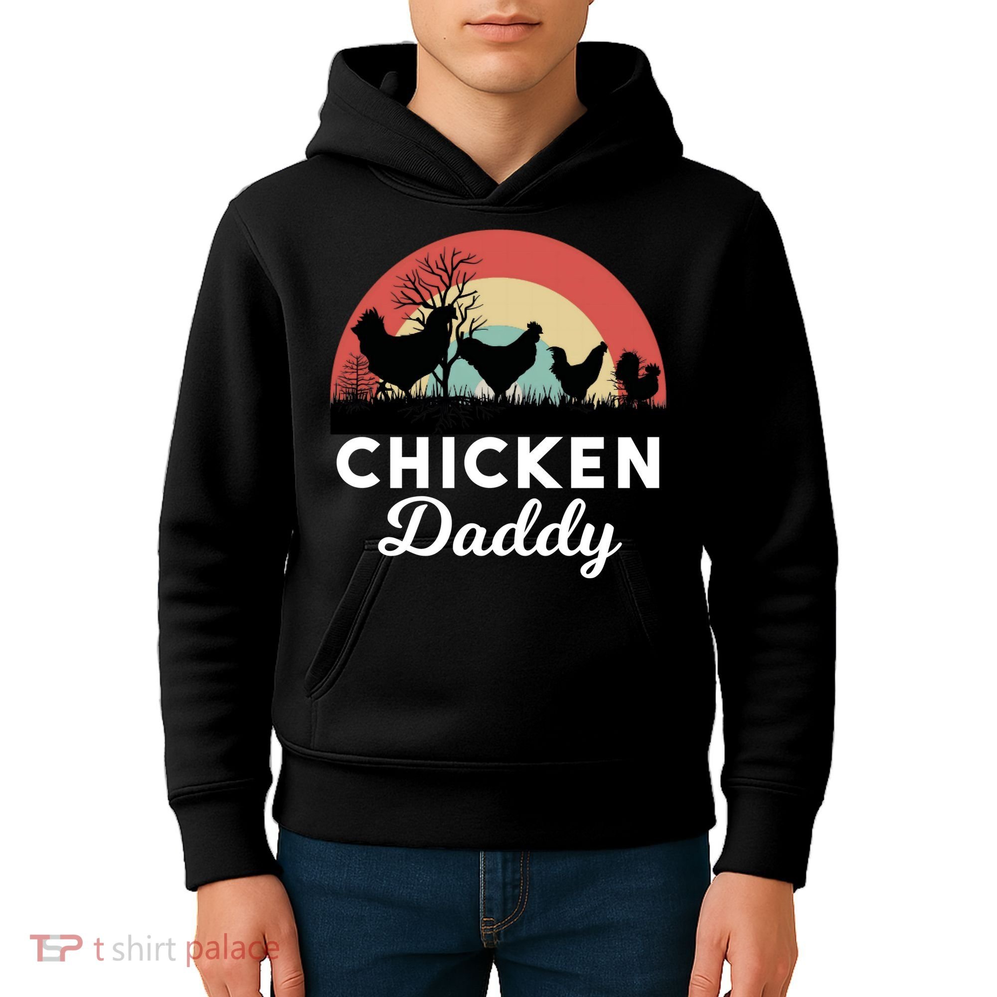Chicken Daddy With Retro Sunset, Funny Chicken Lover, Farmer Kids Hoodie