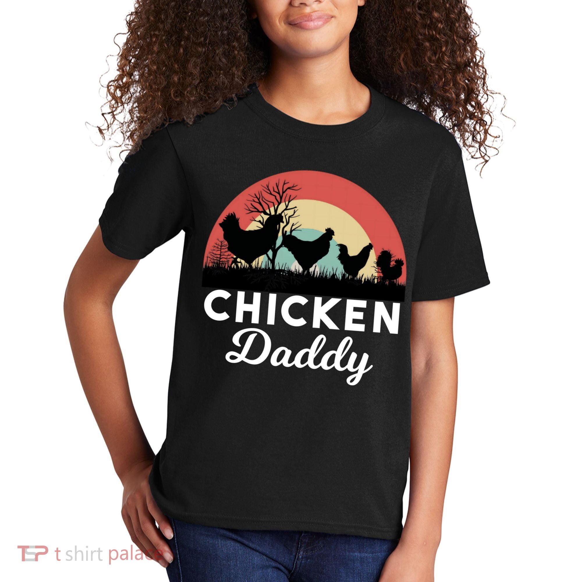 Chicken Daddy With Retro Sunset, Funny Chicken Lover, Farmer Kids T-Shirt