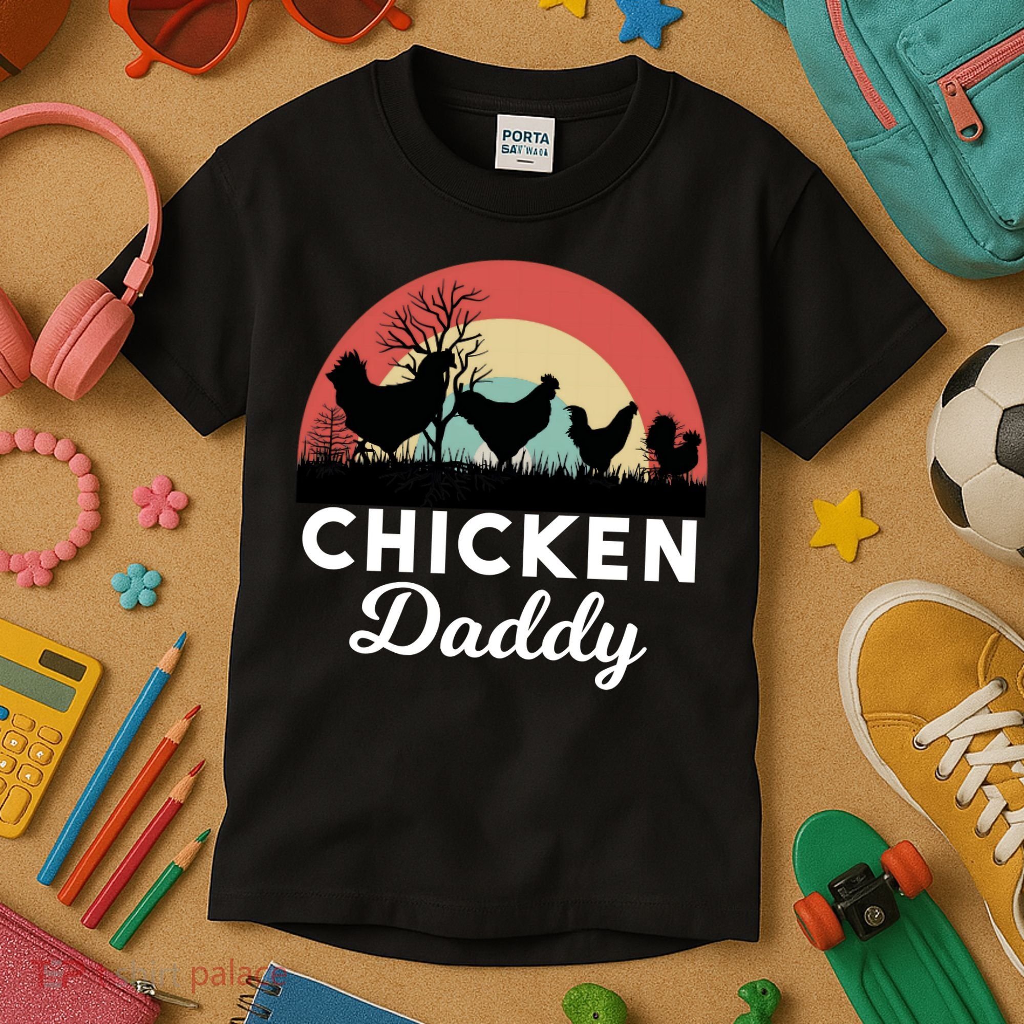 Chicken Daddy With Retro Sunset, Funny Chicken Lover, Farmer Kids T-Shirt