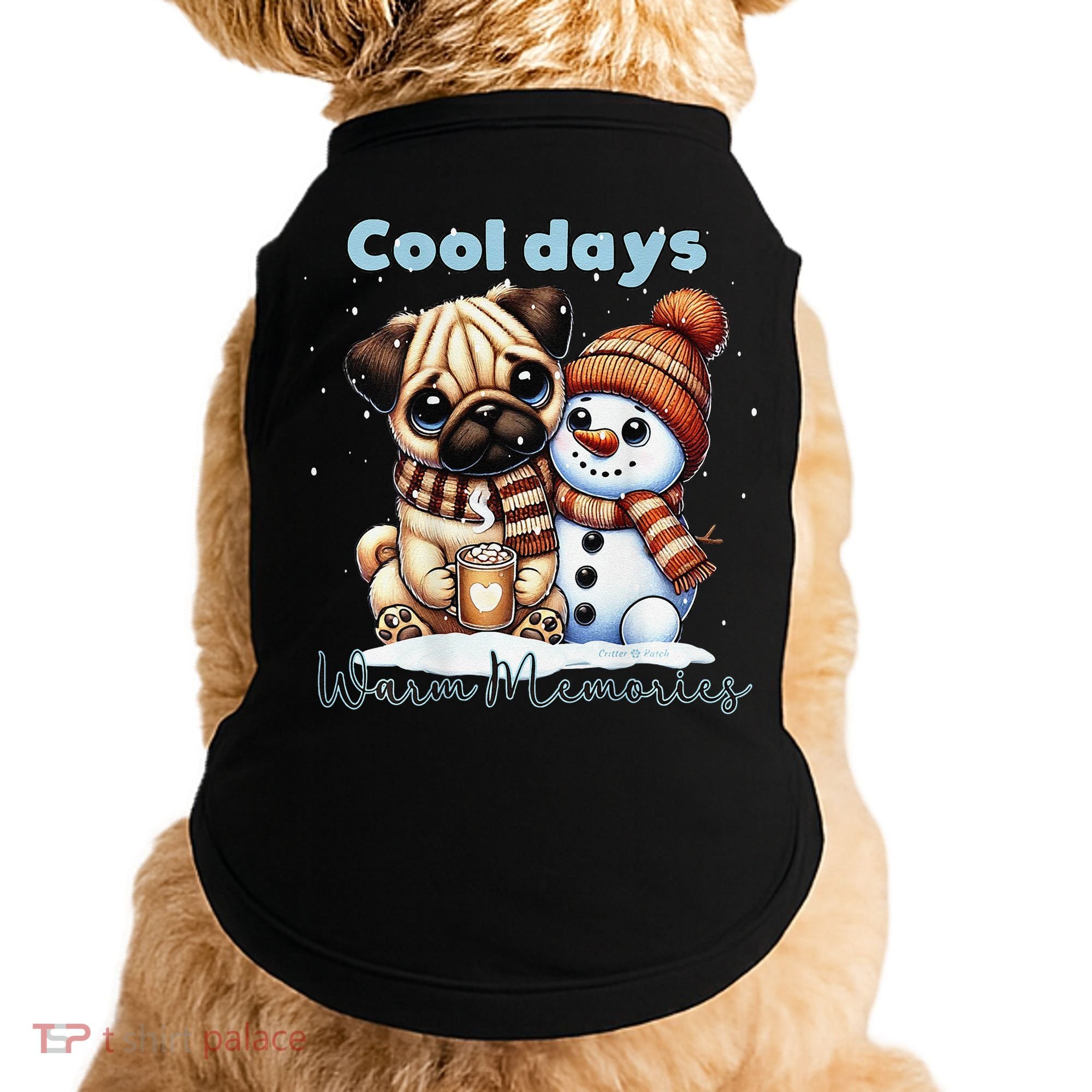 Cool Days Warm Memories Pug And Snowman Friend Share Cocoa Doggie Tank