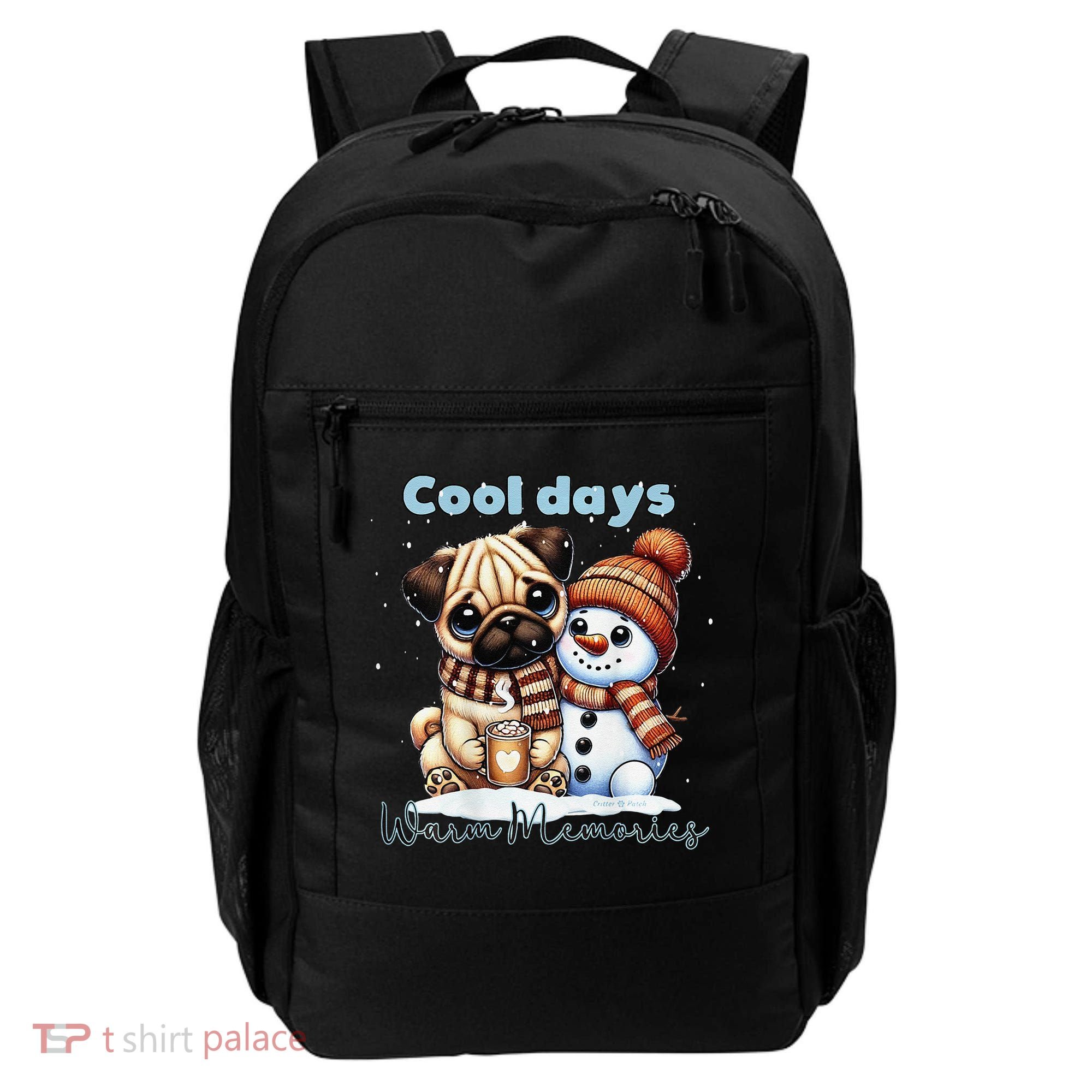 Cool Days Warm Memories Pug And Snowman Friend Share Cocoa Backpack
