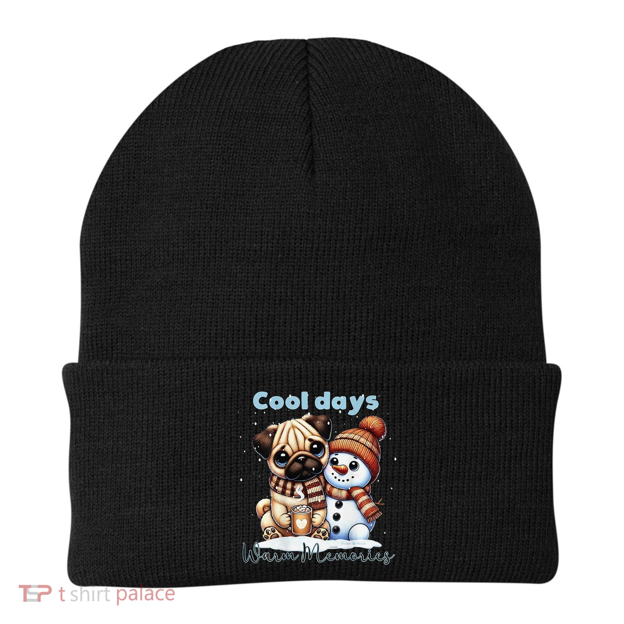 Cool Days Warm Memories Pug And Snowman Friend Share Cocoa Beanie