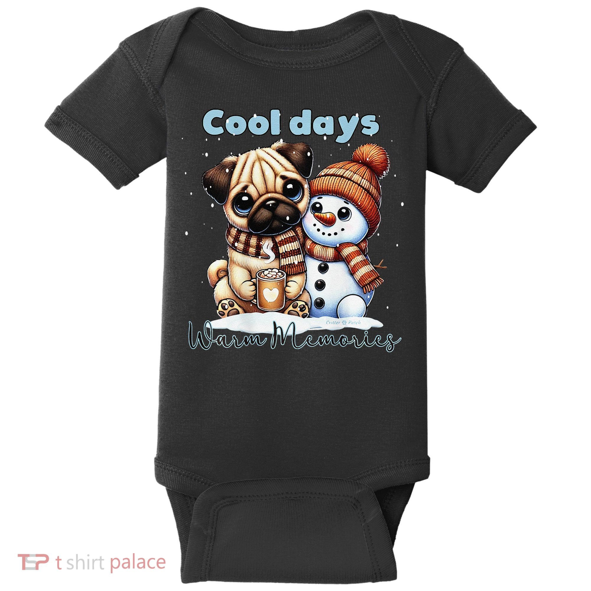 Cool Days Warm Memories Pug And Snowman Friend Share Cocoa Baby Bodysuit