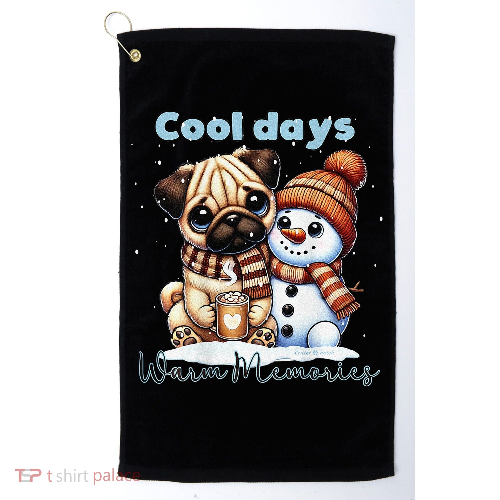 Cool Days Warm Memories Pug And Snowman Friend Share Cocoa Golf Towel