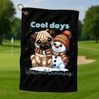 Cool Days Warm Memories Pug And Snowman Friend Share Cocoa Golf Towel thumb 1