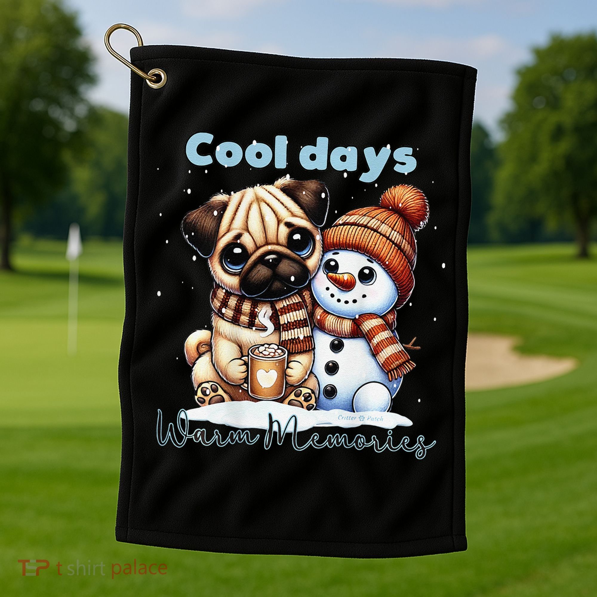 Cool Days Warm Memories Pug And Snowman Friend Share Cocoa Golf Towel
