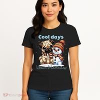 Cool Days Warm Memories Pug And Snowman Friend Share Cocoa Women's T-Shirt thumb 4