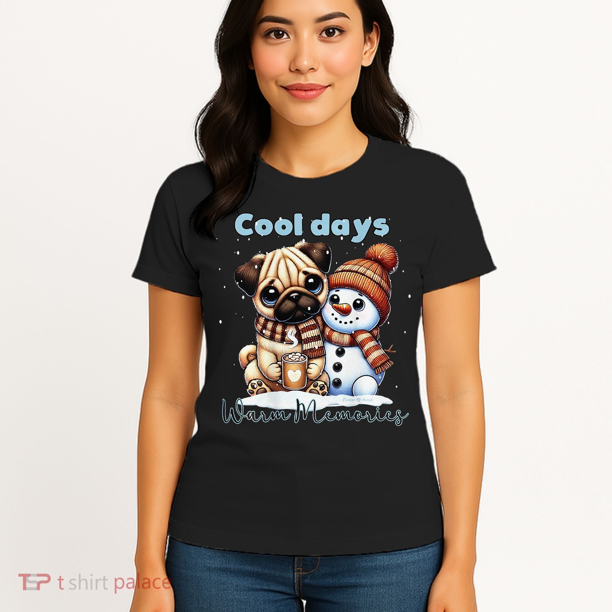 Cool Days Warm Memories Pug And Snowman Friend Share Cocoa Women's T-Shirt