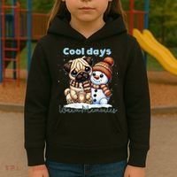 Cool Days Warm Memories Pug And Snowman Friend Share Cocoa Kids Hoodie thumb 3
