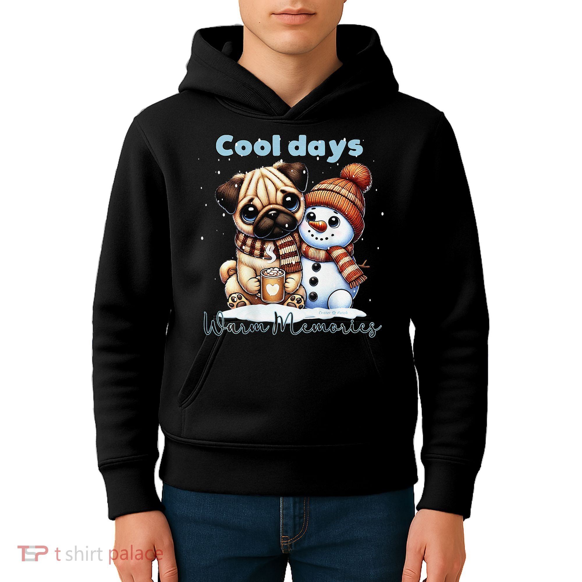 Cool Days Warm Memories Pug And Snowman Friend Share Cocoa Kids Hoodie