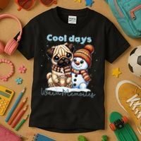 Cool Days Warm Memories Pug And Snowman Friend Share Cocoa Kids T-Shirt thumb 3